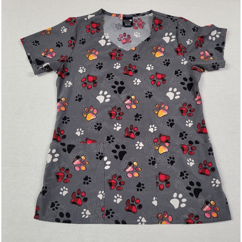 Zoe + Chloe Women's Gray "Checking Paws" Scrub Top Size XS